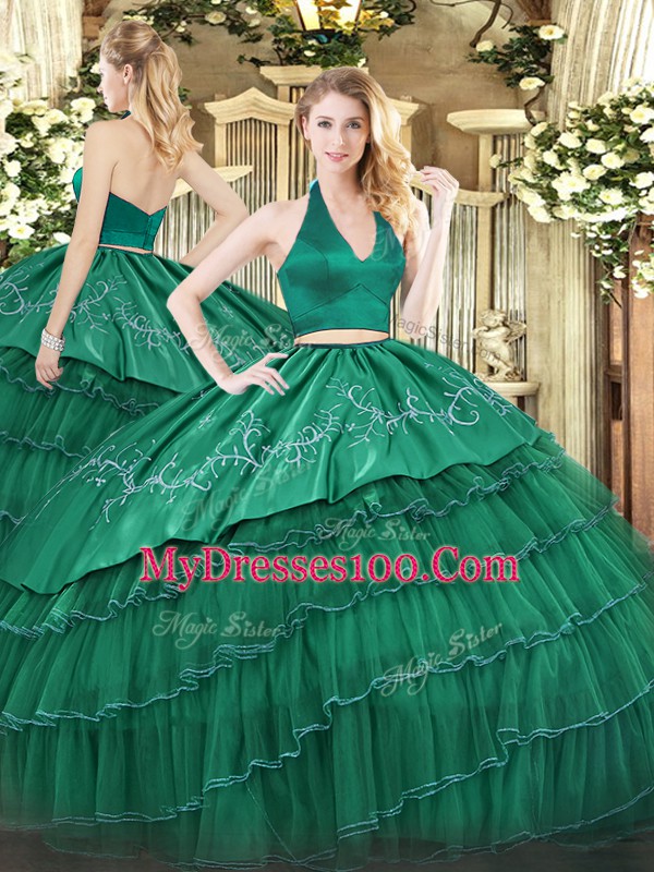 High End Dark Green Sleeveless Embroidery and Ruffled Layers Floor Length Sweet 16 Quinceanera Dress