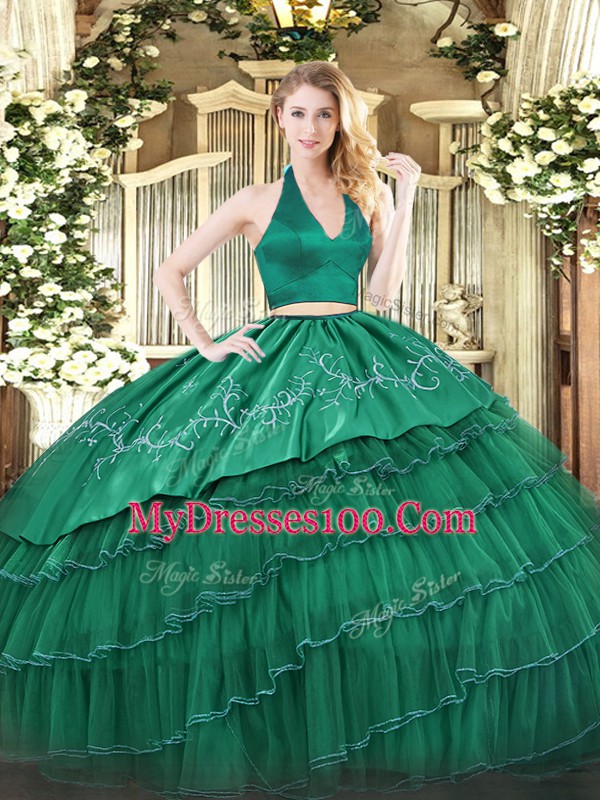 High End Dark Green Sleeveless Embroidery and Ruffled Layers Floor Length Sweet 16 Quinceanera Dress