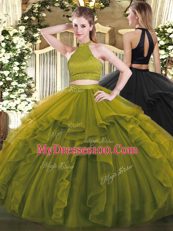 Unique Floor Length Olive Green Sweet 16 Dresses Halter Top Sleeveless Backless