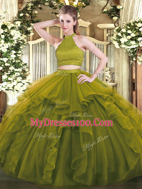 Unique Floor Length Olive Green Sweet 16 Dresses Halter Top Sleeveless Backless