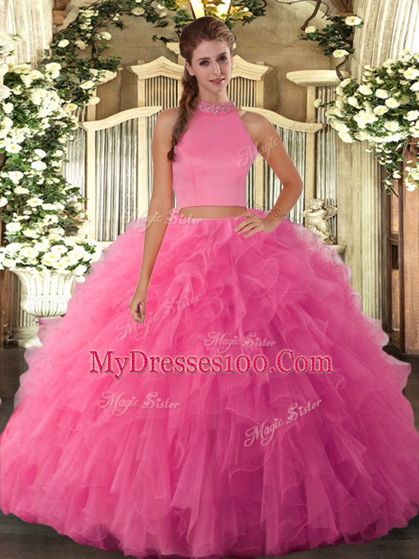 Halter Top Sleeveless Backless Quince Ball Gowns Hot Pink Tulle