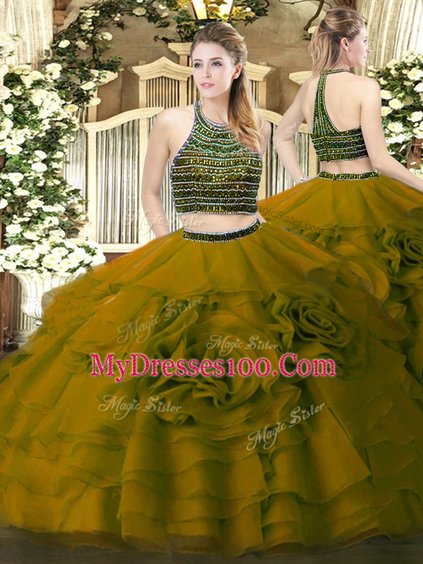 Luxury Olive Green Two Pieces Tulle Halter Top Sleeveless Beading and Ruffled Layers Floor Length Zipper Sweet 16 Dresses