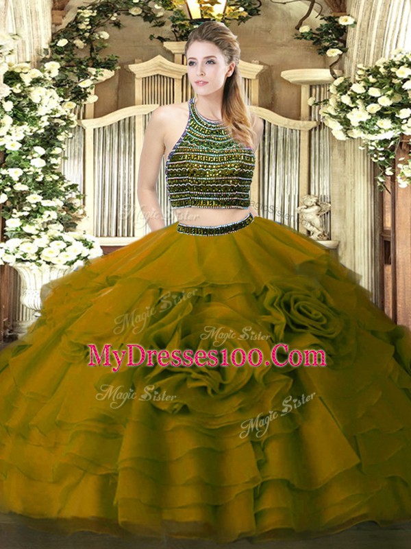 Luxury Olive Green Two Pieces Tulle Halter Top Sleeveless Beading and Ruffled Layers Floor Length Zipper Sweet 16 Dresses