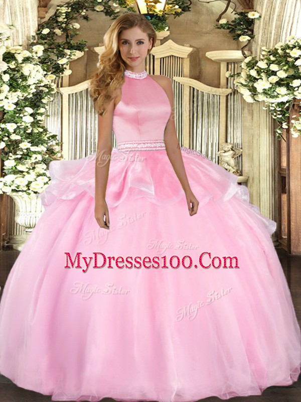 Top Selling Pink Tulle Backless Halter Top Sleeveless Floor Length Sweet 16 Quinceanera Dress Beading and Ruffles