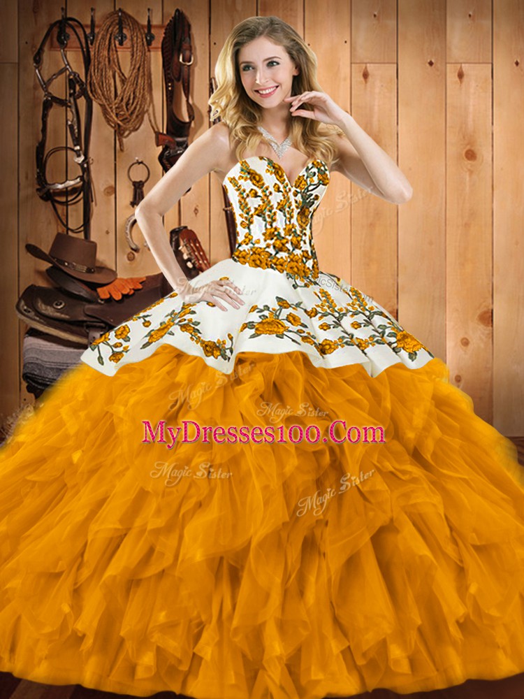 Flare Sleeveless Floor Length Embroidery and Ruffles Lace Up Sweet 16 Dresses with Gold