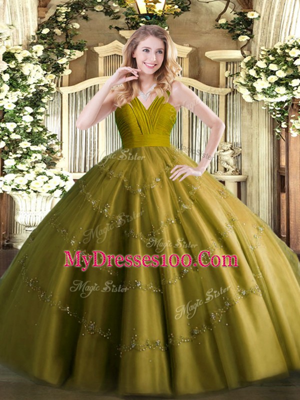 Pretty V-neck Sleeveless Tulle 15 Quinceanera Dress Beading Zipper