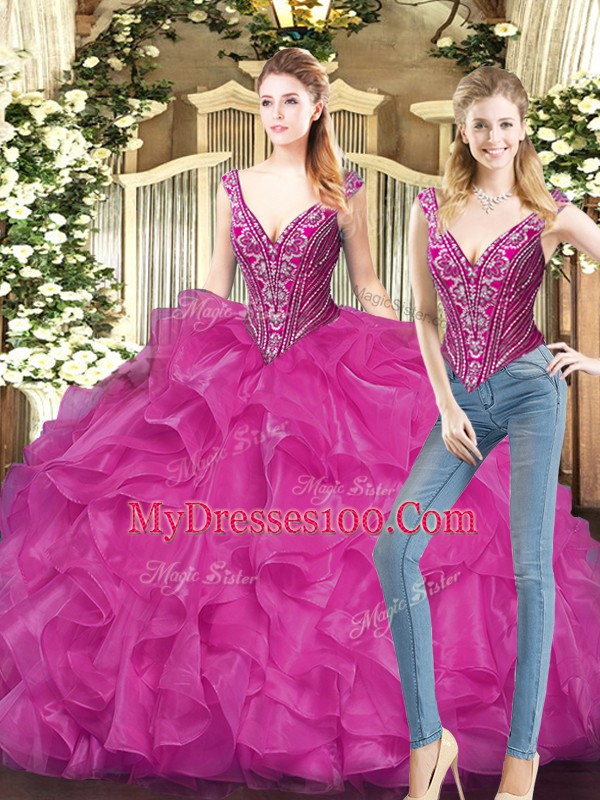 Stunning Fuchsia 15 Quinceanera Dress Military Ball and Sweet 16 and Quinceanera with Ruffles V-neck Sleeveless Lace Up