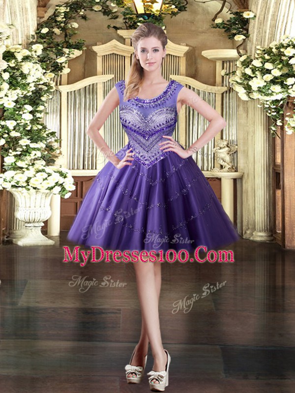 Low Price Scoop Sleeveless Cocktail Dress Mini Length Beading Purple Tulle