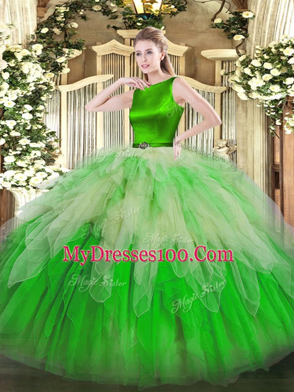 Flare Floor Length Multi-color Quince Ball Gowns Organza Sleeveless Ruffles