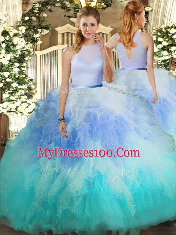 Multi-color High-neck Neckline Ruffles Quinceanera Dresses Sleeveless Backless
