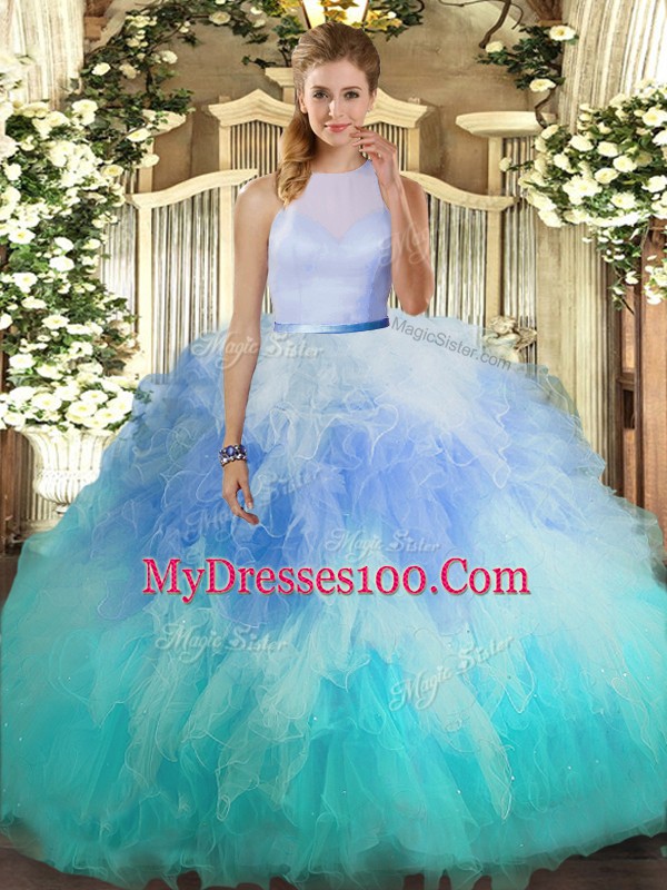 Multi-color High-neck Neckline Ruffles Quinceanera Dresses Sleeveless Backless