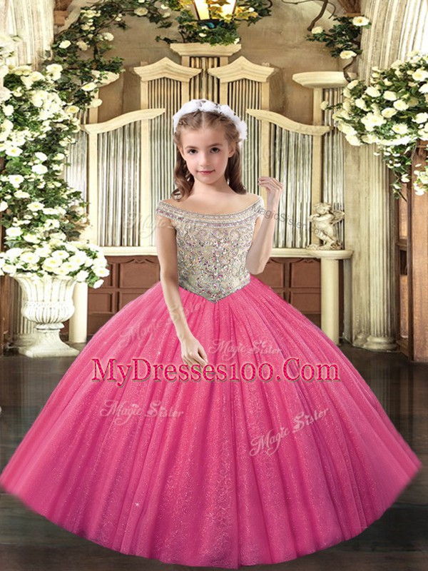 Floor Length Lace Up Little Girls Pageant Dress Hot Pink for Sweet 16 and Quinceanera with Beading