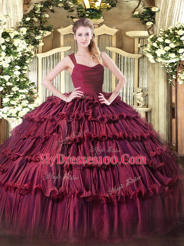 Noble Burgundy Ball Gowns Organza Straps Sleeveless Ruffled Layers Floor Length Zipper Sweet 16 Dresses