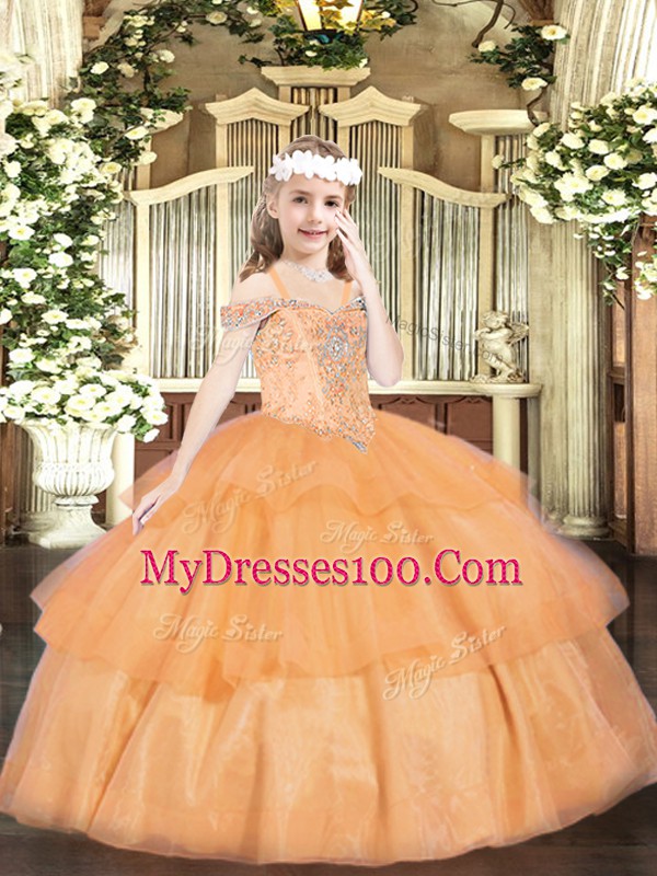 Orange Sleeveless Beading and Ruffled Layers Floor Length High School Pageant Dress