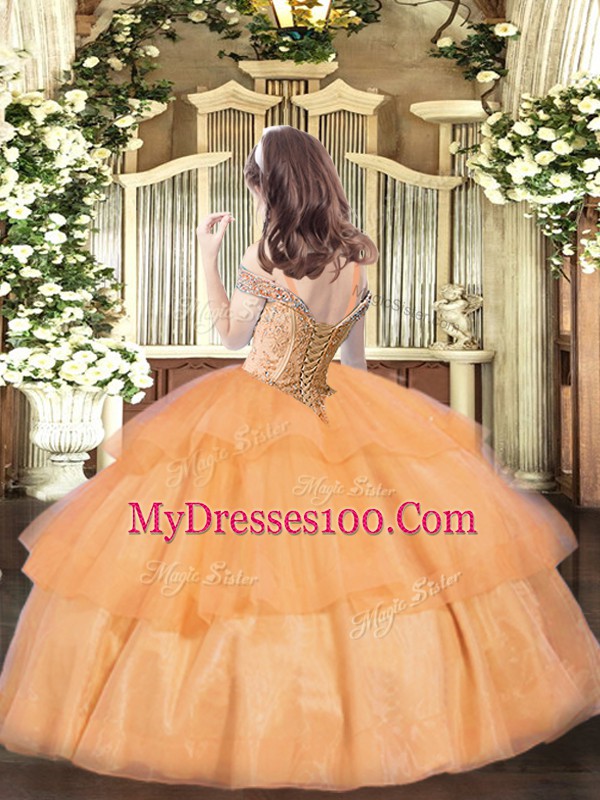 Orange Sleeveless Beading and Ruffled Layers Floor Length High School Pageant Dress