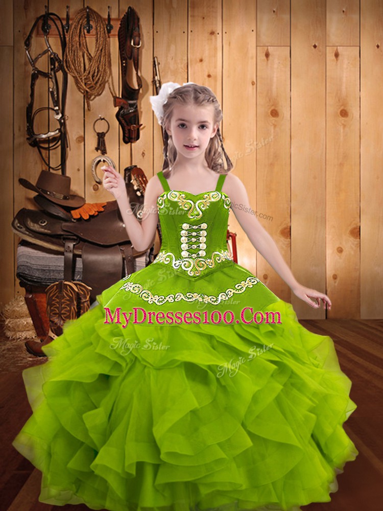 New Style Olive Green Organza Lace Up Straps Sleeveless Floor Length Girls Pageant Dresses Embroidery and Ruffles