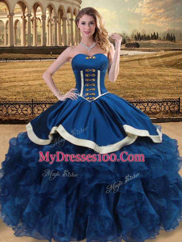 Affordable Blue Sleeveless Beading and Ruffles Floor Length Ball Gown Prom Dress