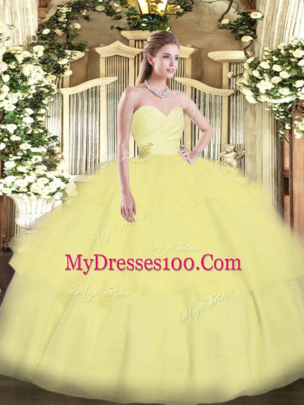 Pretty Light Yellow Ball Gowns Organza Sweetheart Sleeveless Beading and Ruffled Layers Floor Length Lace Up Sweet 16 Dress