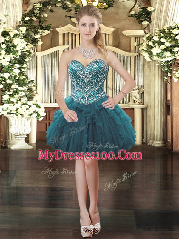 Stunning Teal Sleeveless Beading and Ruffles Mini Length Prom Dress