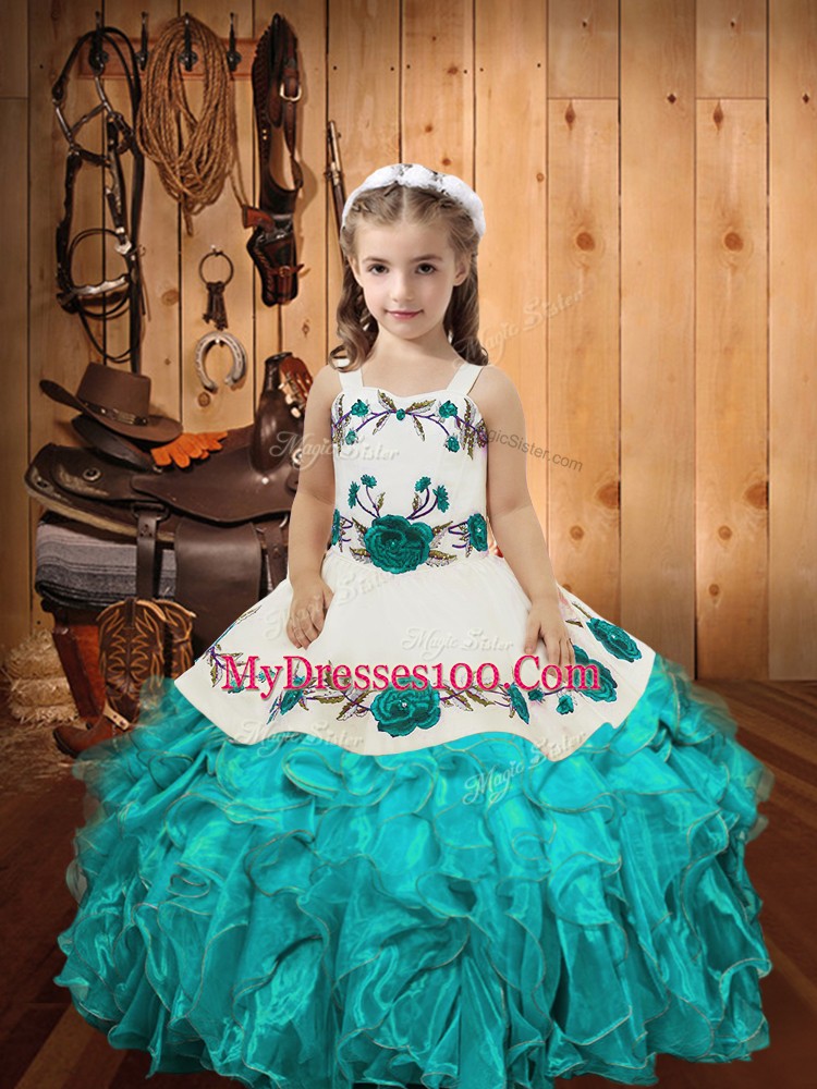 Floor Length Ball Gowns Sleeveless Aqua Blue Pageant Dresses Lace Up
