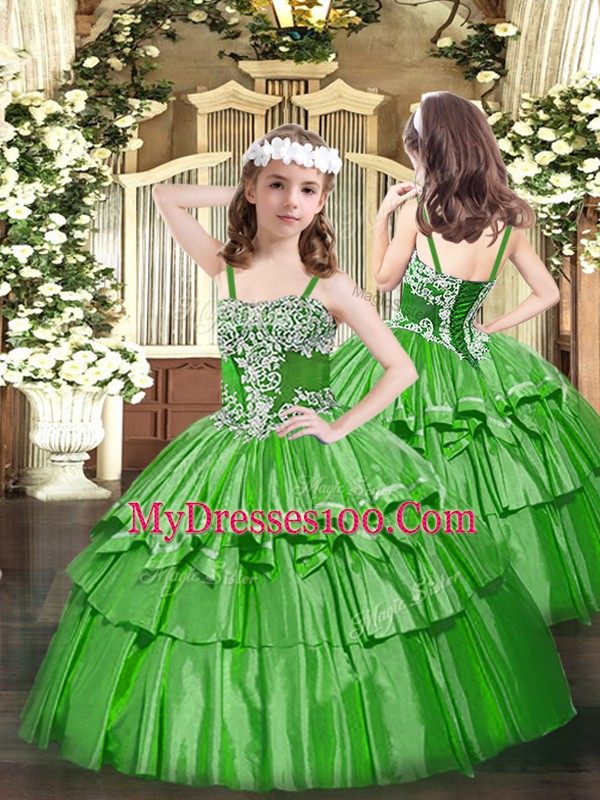 Green Little Girl Pageant Gowns Party and Quinceanera with Appliques and Ruffled Layers Straps Sleeveless Lace Up