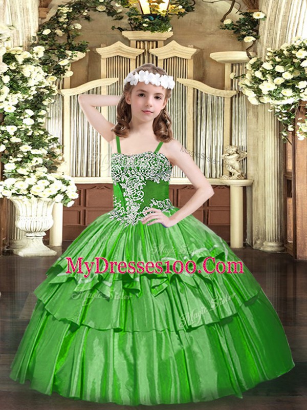 Green Little Girl Pageant Gowns Party and Quinceanera with Appliques and Ruffled Layers Straps Sleeveless Lace Up