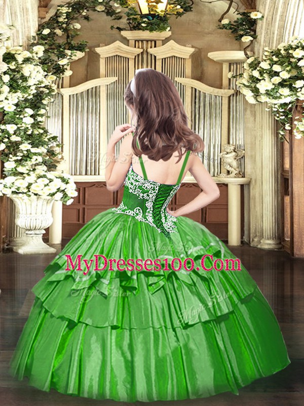 Green Little Girl Pageant Gowns Party and Quinceanera with Appliques and Ruffled Layers Straps Sleeveless Lace Up
