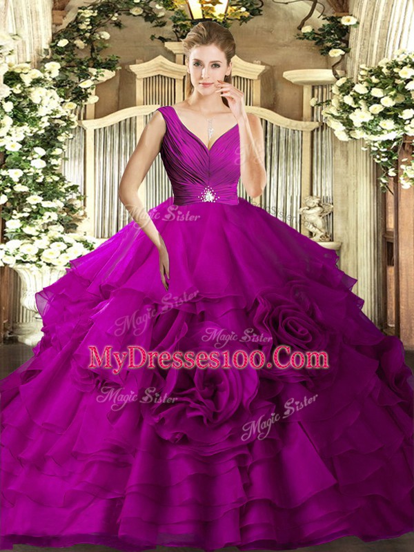 Fuchsia V-neck Backless Beading and Ruffles Sweet 16 Dress Sleeveless