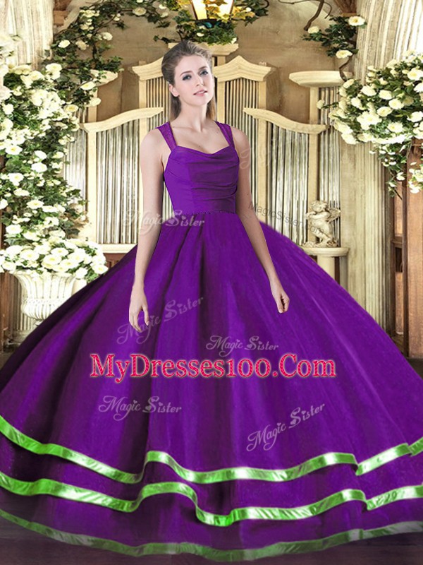 Purple Ball Gowns Beading and Ruffled Layers 15th Birthday Dress Zipper Organza Sleeveless Floor Length