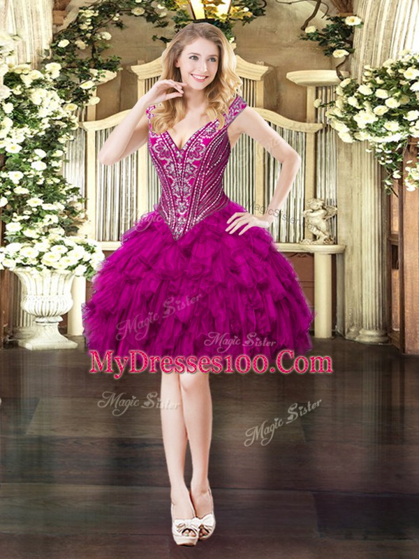 Custom Designed Sleeveless Mini Length Beading and Ruffles Lace Up Juniors Party Dress with Fuchsia