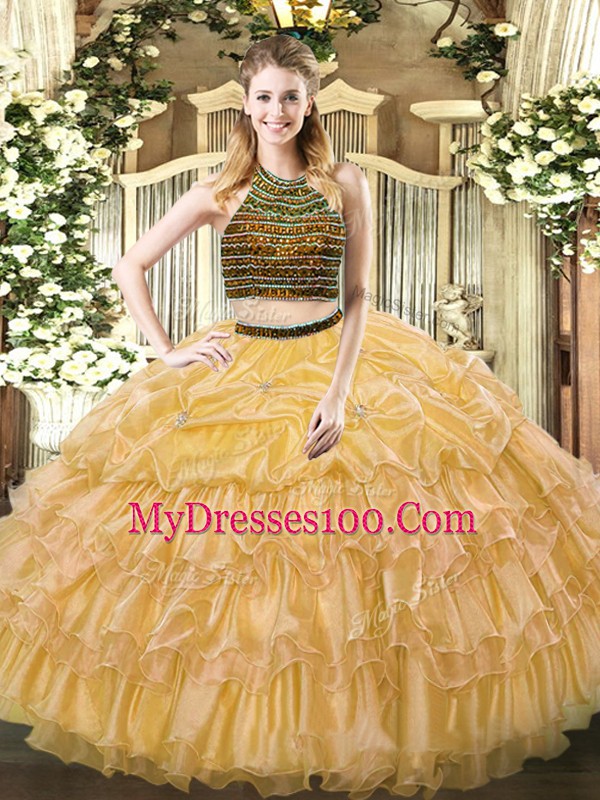Fantastic Gold Halter Top Zipper Beading and Ruffled Layers Sweet 16 Dress Sleeveless