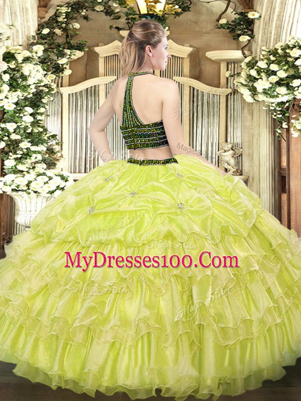 Fantastic Gold Halter Top Zipper Beading and Ruffled Layers Sweet 16 Dress Sleeveless