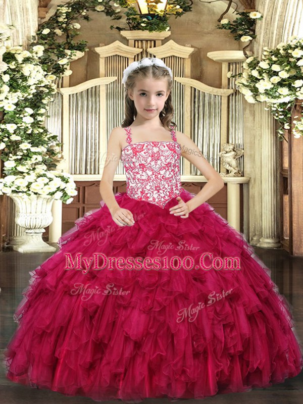 Gorgeous Red Sleeveless Beading and Ruffled Layers Floor Length Pageant Dress for Teens