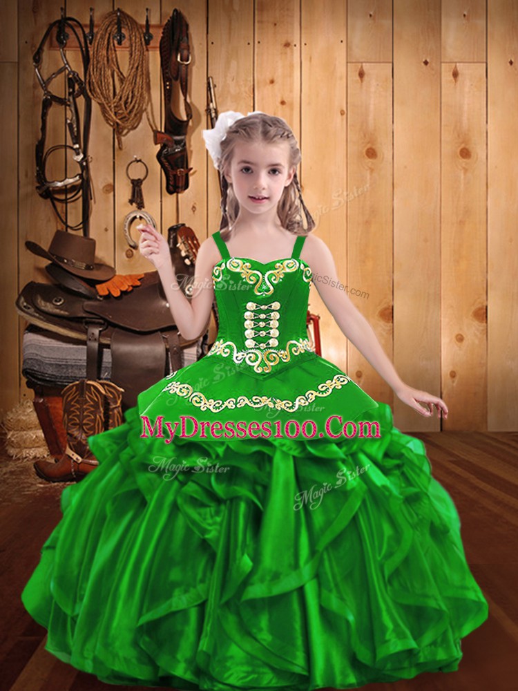 Green Lace Up Straps Embroidery and Ruffles Child Pageant Dress Organza Sleeveless