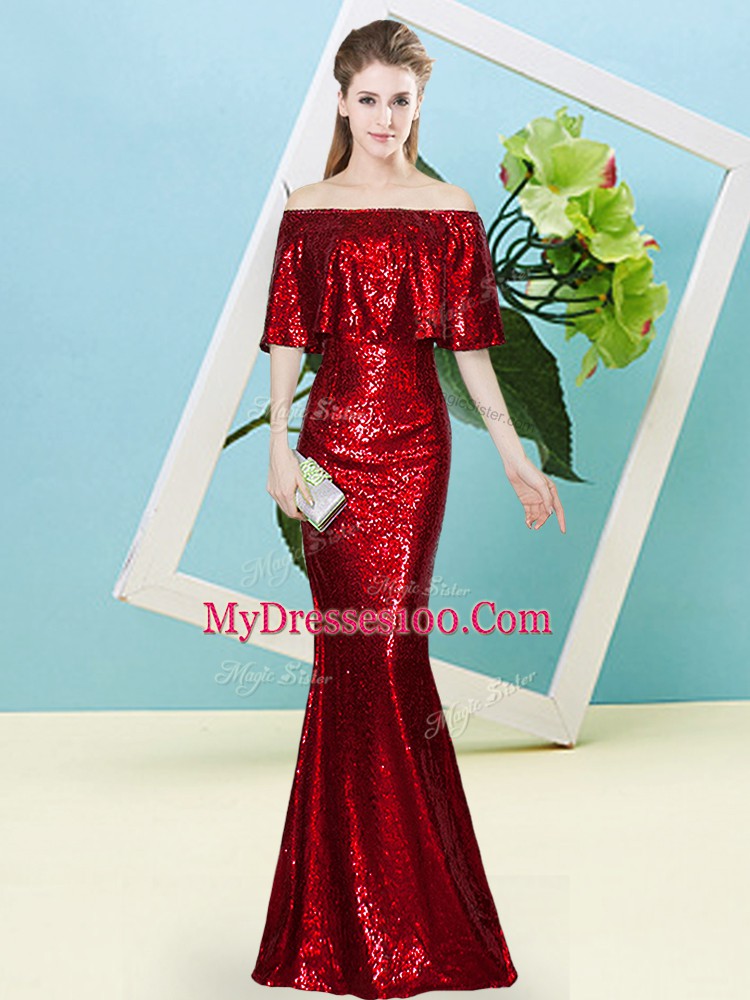 Ideal Mermaid Prom Party Dress Wine Red Off The Shoulder Sequined Half Sleeves Floor Length Zipper