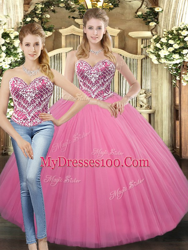 Most Popular Sleeveless Floor Length Beading Lace Up Quinceanera Gown with Rose Pink