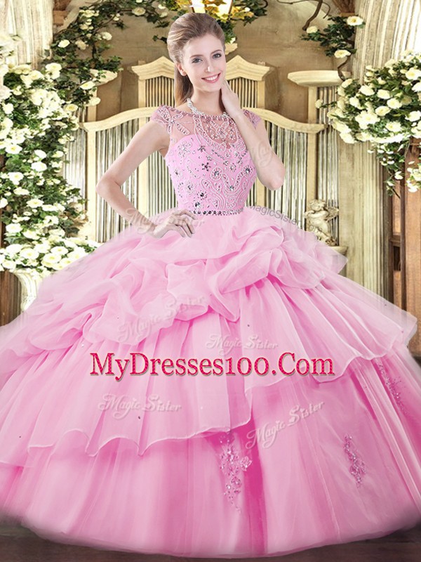 Fine Bateau Sleeveless Zipper Quinceanera Gown Rose Pink Tulle