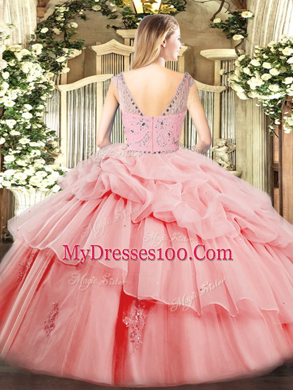 Fine Bateau Sleeveless Zipper Quinceanera Gown Rose Pink Tulle