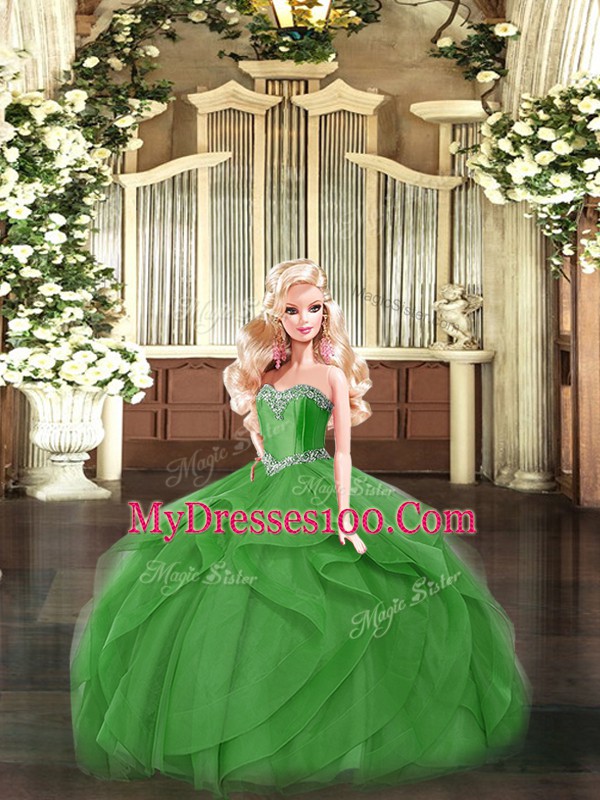 Latest Floor Length Green Quince Ball Gowns Sweetheart Sleeveless Lace Up