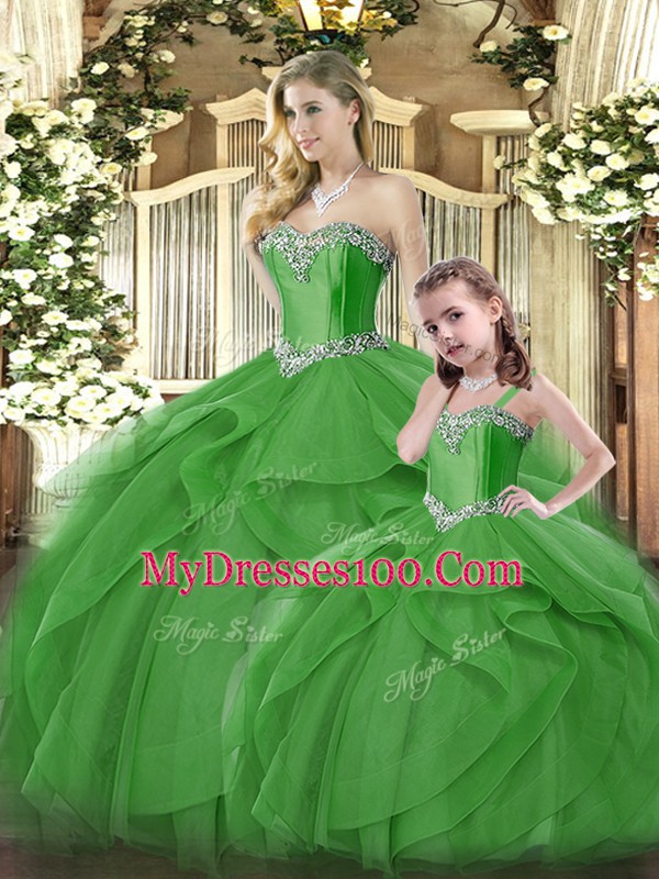 Latest Floor Length Green Quince Ball Gowns Sweetheart Sleeveless Lace Up
