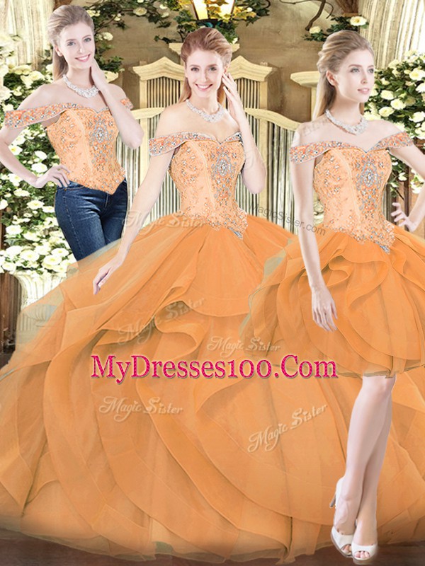 Orange Red Off The Shoulder Neckline Ruffles Vestidos de Quinceanera Sleeveless Lace Up