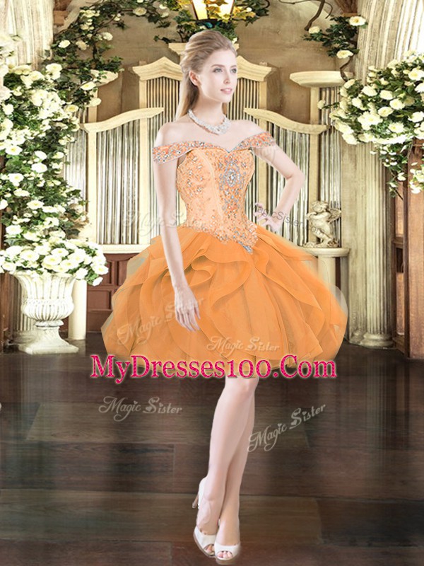 Orange Red Off The Shoulder Neckline Ruffles Vestidos de Quinceanera Sleeveless Lace Up