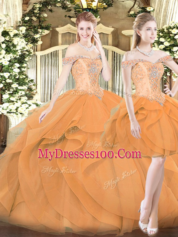Orange Red Off The Shoulder Neckline Ruffles Vestidos de Quinceanera Sleeveless Lace Up