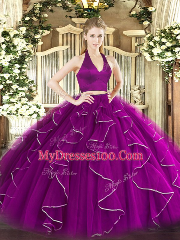 Purple Two Pieces Halter Top Sleeveless Organza Floor Length Zipper Ruffles 15 Quinceanera Dress