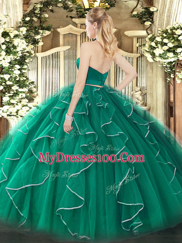 Purple Two Pieces Halter Top Sleeveless Organza Floor Length Zipper Ruffles 15 Quinceanera Dress