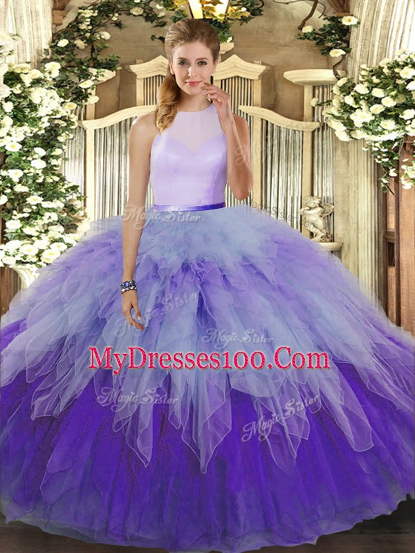 Exquisite High-neck Sleeveless Quinceanera Dresses Floor Length Ruffles Multi-color Tulle
