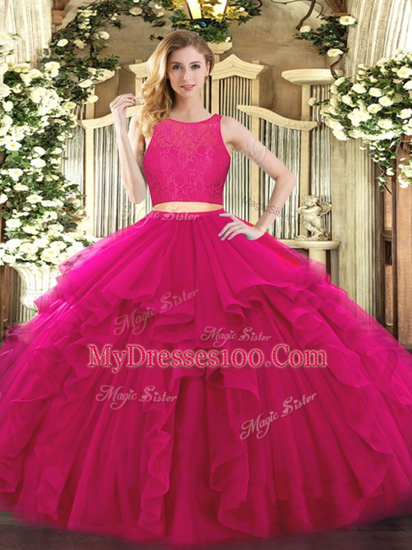 Fuchsia Sleeveless Ruffles Floor Length Ball Gown Prom Dress