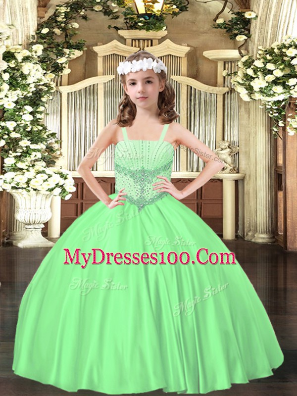 High Quality Straps Sleeveless Winning Pageant Gowns Floor Length Beading Green Satin