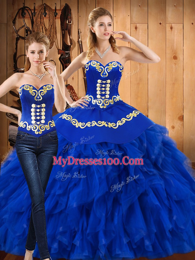 Artistic Blue Ball Gowns Satin and Organza Sweetheart Sleeveless Embroidery and Ruffles Floor Length Lace Up Quince Ball Gowns