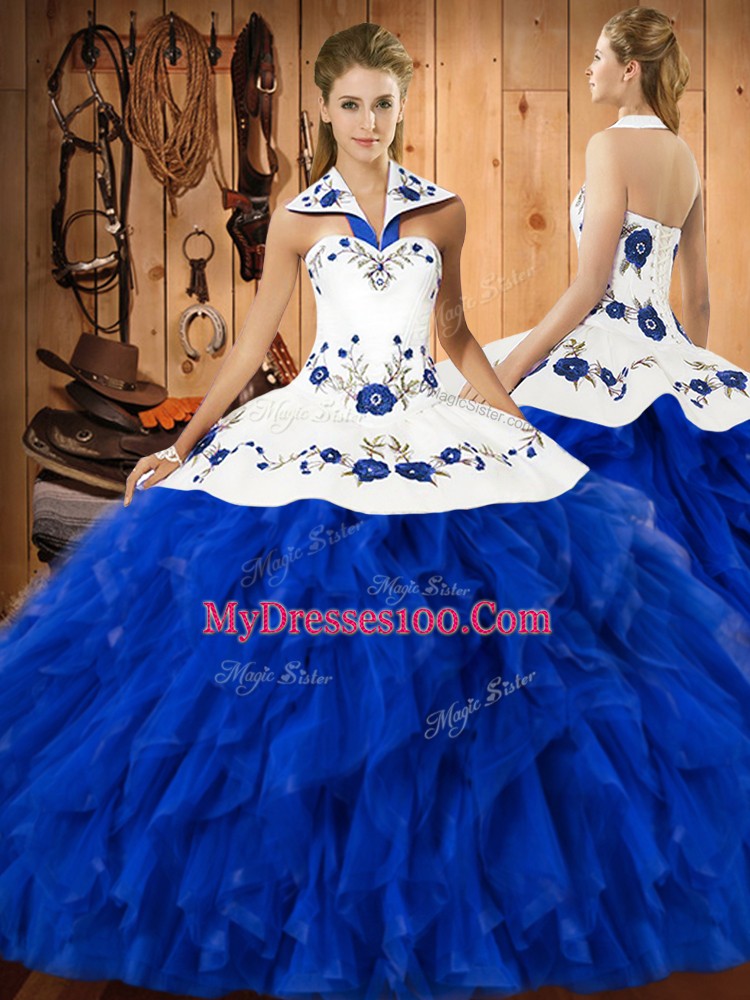 Unique Floor Length Blue And White Quinceanera Gown Satin and Organza Sleeveless Embroidery and Ruffles